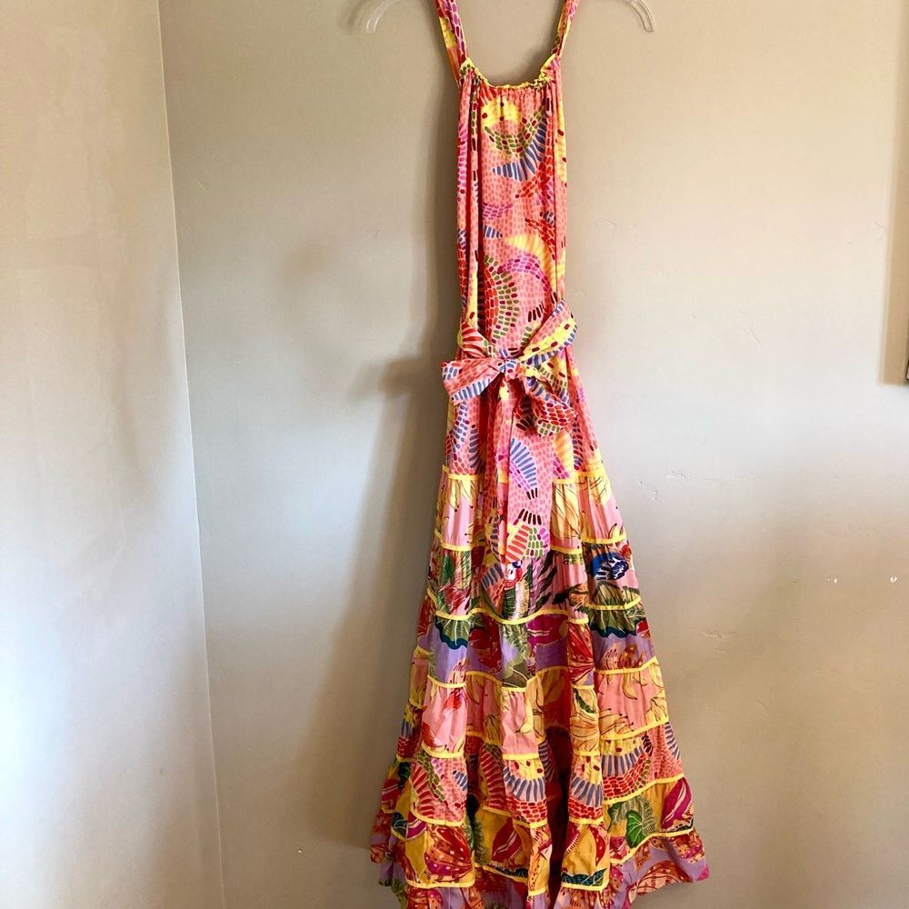 NEW FARM Rio Mixed Pink Prints Maxi Dress Fruit Tiered Crossback Belt Size L - Picture 8 of 16